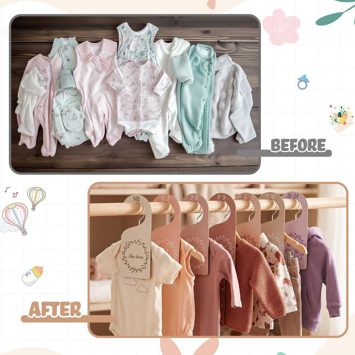7 Pieces Wooden Baby Closet Dividers Boy Girl, Grid, Lattice