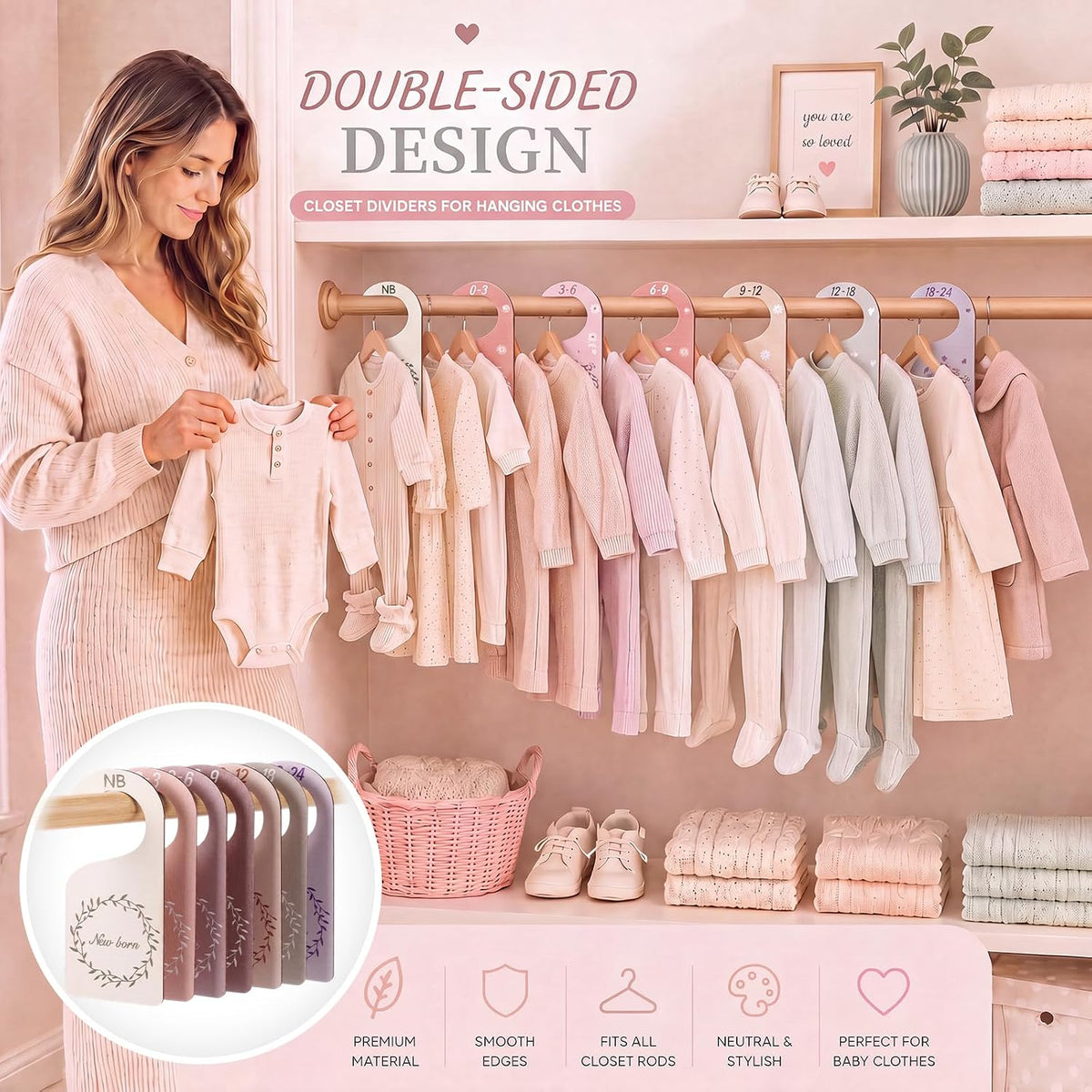 7 Pieces Wooden Baby Closet Dividers Boy Girl, Grid, Lattice