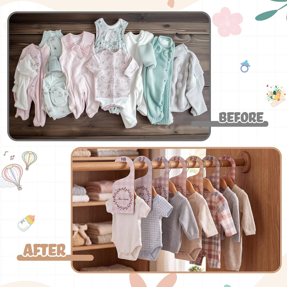 7 Pieces Wooden Baby Closet Dividers Boy Girl, Grid, Lattice