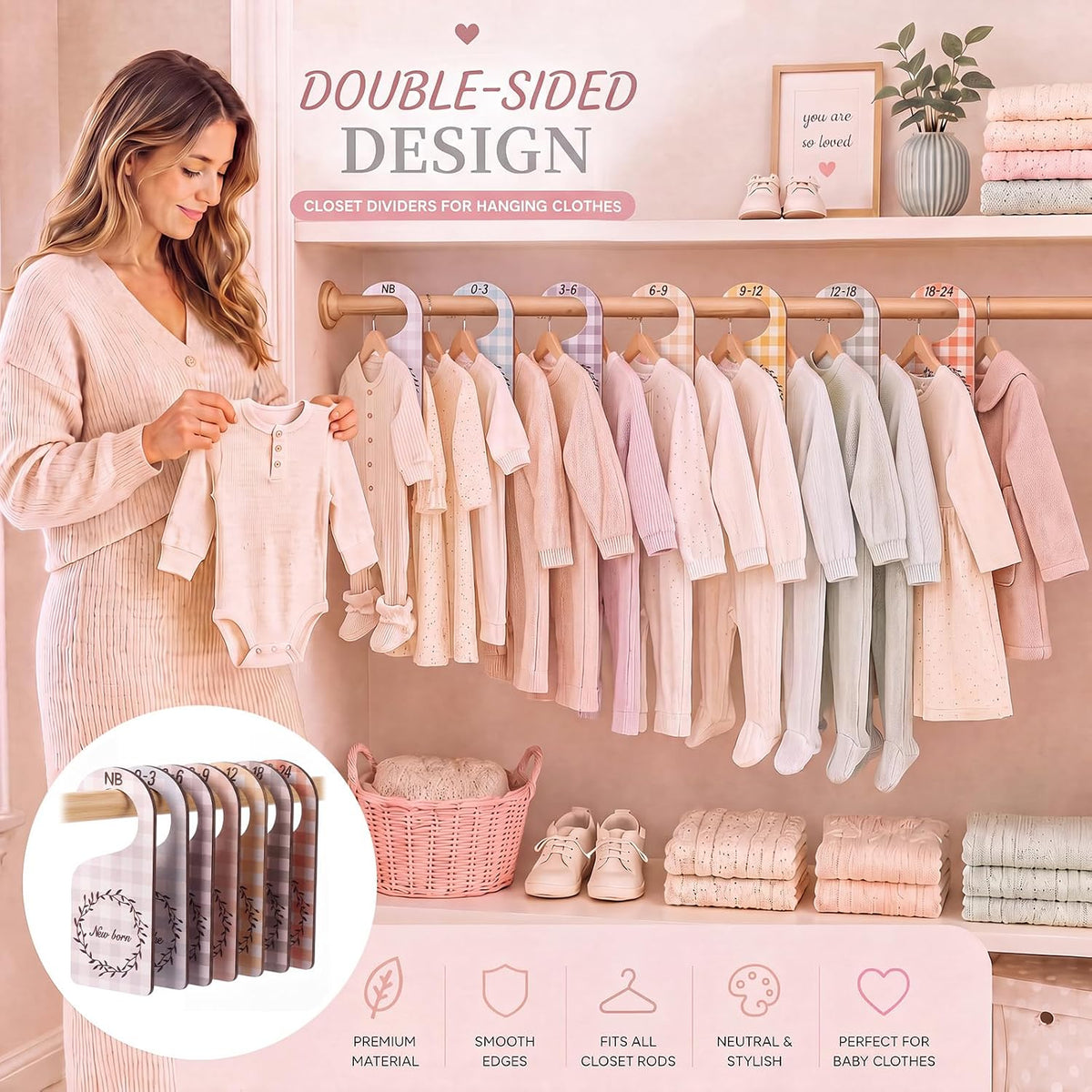 7 Pieces Wooden Baby Closet Dividers Boy Girl, Grid, Lattice