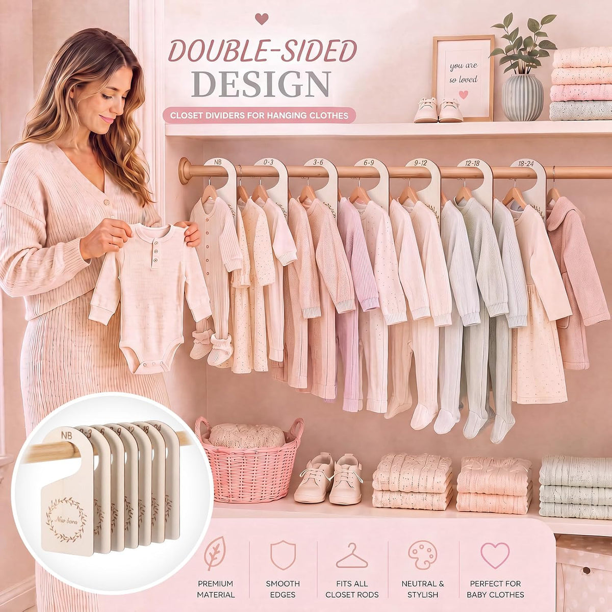 7 Pieces Wooden Baby Closet Dividers Boy Girl, Grid, Lattice