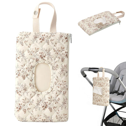 Baby Wipe Holder, Floral Quilted Dispenser Pouch Portable Mommy Bag for Travel Stroller Daily Casual (Beige)