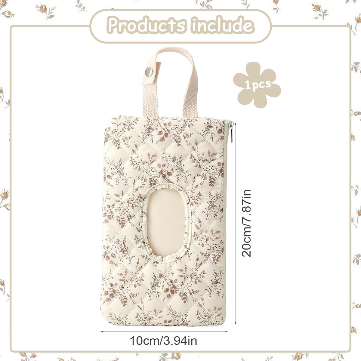 Baby Wipe Holder, Floral Quilted Dispenser Pouch Portable Mommy Bag for Travel Stroller Daily Casual (Beige)