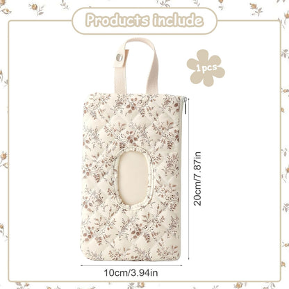 Baby Wipe Holder, Floral Quilted Dispenser Pouch Portable Mommy Bag for Travel Stroller Daily Casual (Beige)