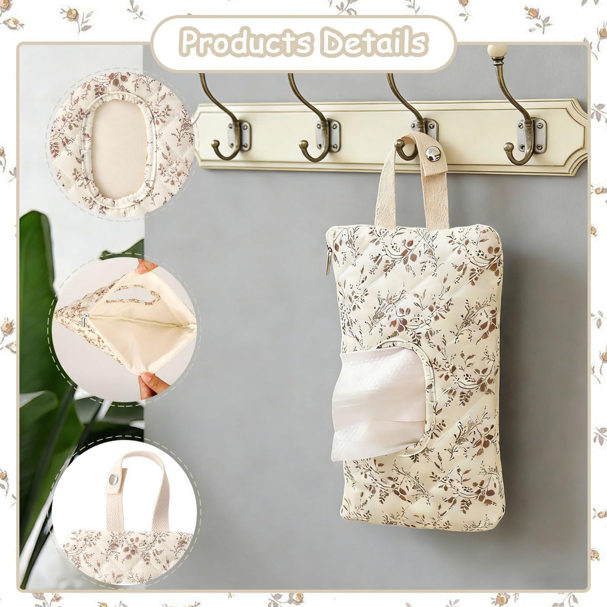 Baby Wipe Holder, Floral Quilted Dispenser Pouch Portable Mommy Bag for Travel Stroller Daily Casual (Beige)