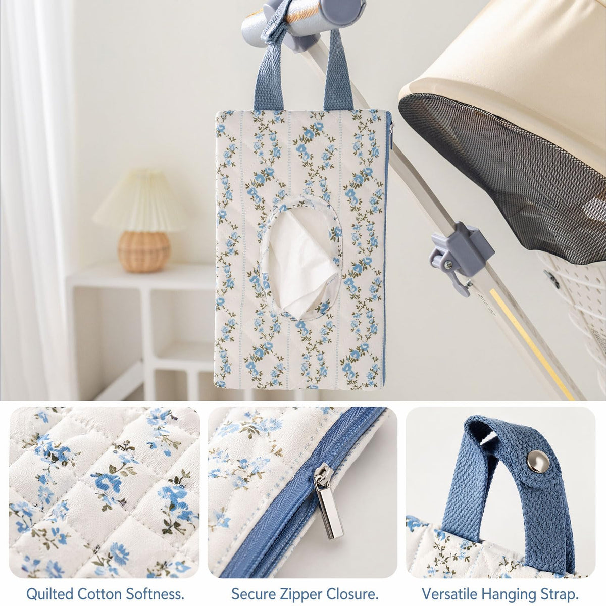 Baby Wipe Holder, Floral Quilted Dispenser Pouch Portable Mommy Bag for Travel Stroller Daily Casual (Beige)