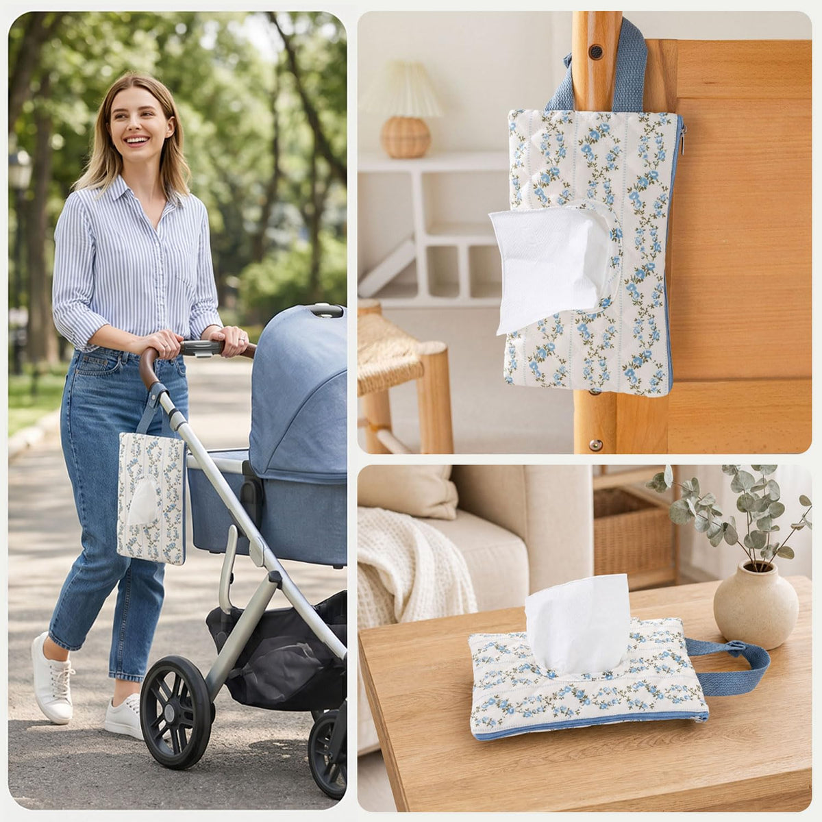 Baby Wipe Holder, Floral Quilted Dispenser Pouch Portable Mommy Bag for Travel Stroller Daily Casual (Beige)