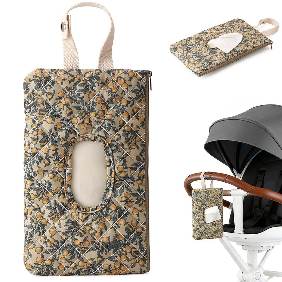 Baby Wipe Holder, Floral Quilted Dispenser Pouch Portable Mommy Bag for Travel Stroller Daily Casual (Beige)