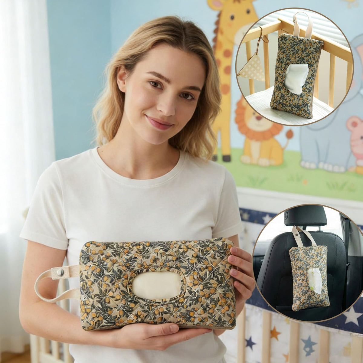 Baby Wipe Holder, Floral Quilted Dispenser Pouch Portable Mommy Bag for Travel Stroller Daily Casual (Beige)