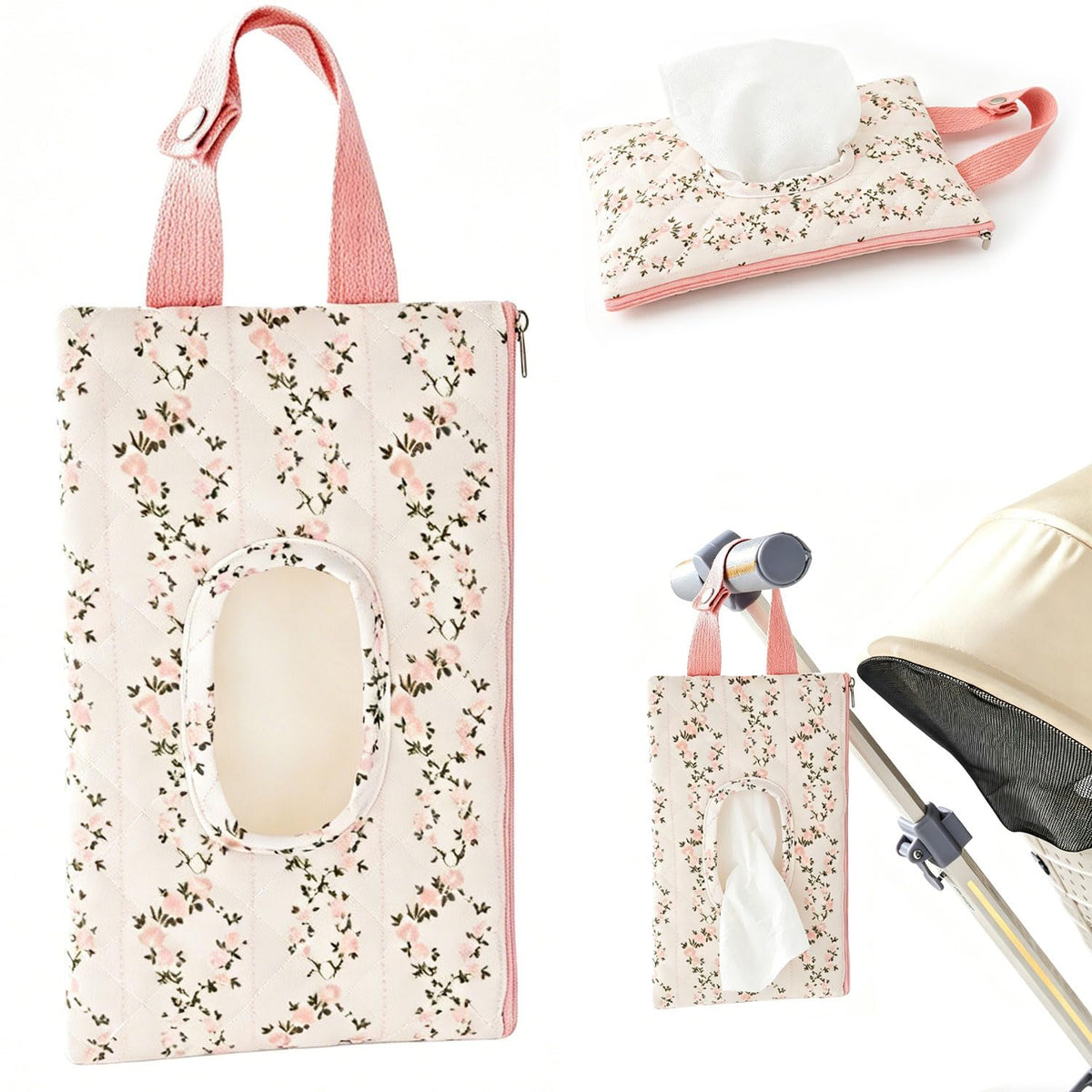 Baby Wipe Holder, Floral Quilted Dispenser Pouch Portable Mommy Bag for Travel Stroller Daily Casual (Beige)