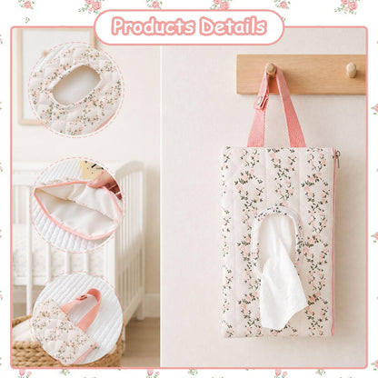 Baby Wipe Holder, Floral Quilted Dispenser Pouch Portable Mommy Bag for Travel Stroller Daily Casual (Beige)