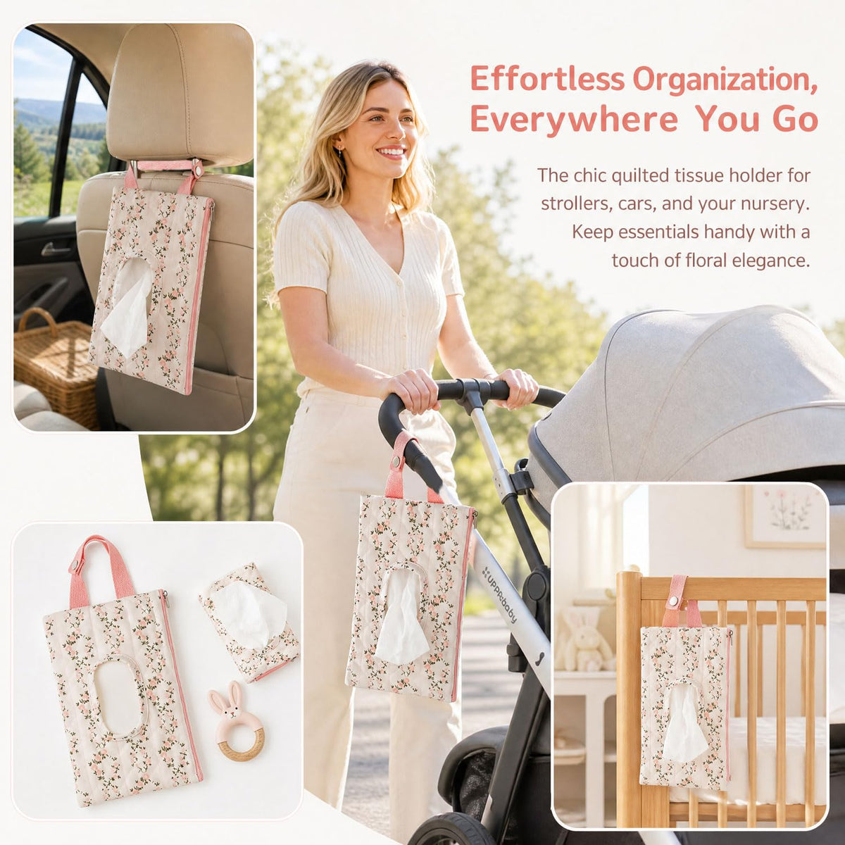 Baby Wipe Holder, Floral Quilted Dispenser Pouch Portable Mommy Bag for Travel Stroller Daily Casual (Beige)