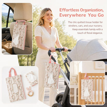 Baby Wipe Holder, Floral Quilted Dispenser Pouch Portable Mommy Bag for Travel Stroller Daily Casual (Beige)