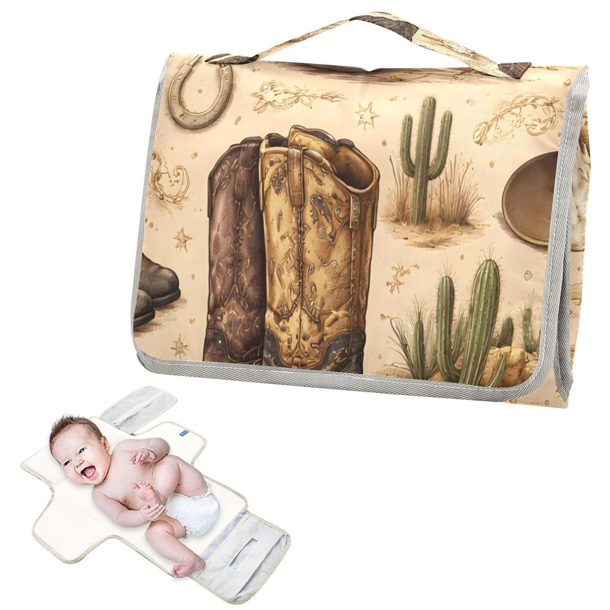 Cowboy Boots Western Desert Portable Diaper Changing Pad, Waterproof Baby Changing Mat with Storage Pocket & Built-in Pillow, Foldable Travel Pad, Newborn Gift Set for Boy Girl