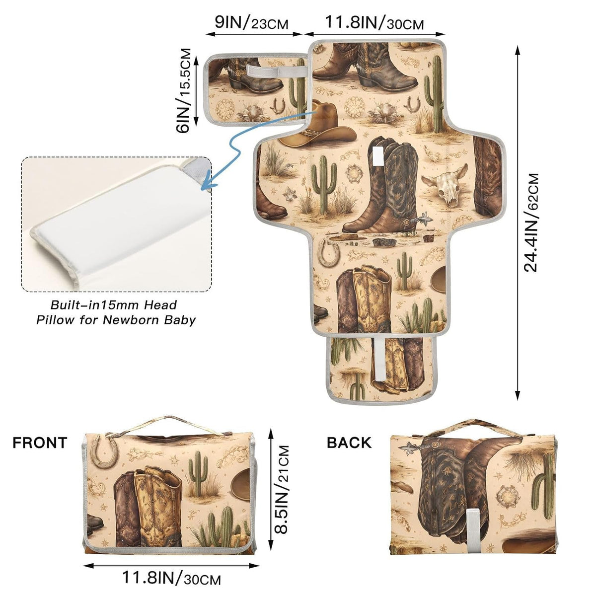 Cowboy Boots Western Desert Portable Diaper Changing Pad, Waterproof Baby Changing Mat with Storage Pocket & Built-in Pillow, Foldable Travel Pad, Newborn Gift Set for Boy Girl