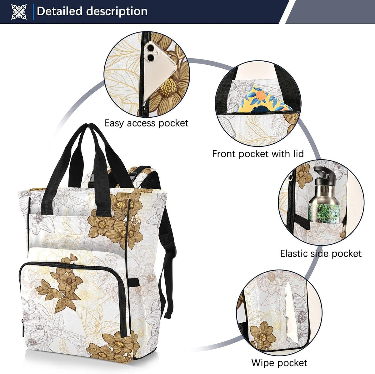 Diaper Bag Backpack, Multifunction Travel Bag for Moms Dads, Baby Changing Bag with Insulted Pockets, Stroller Straps and Side Bottle Pockets Elegant Floral Pattern