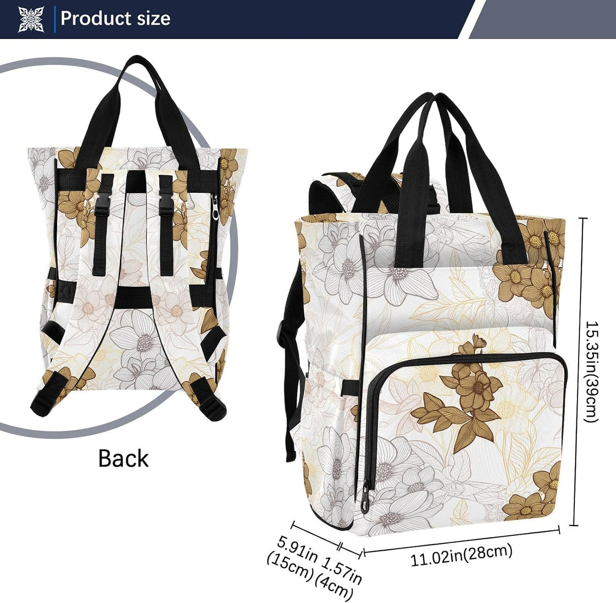 Diaper Bag Backpack, Multifunction Travel Bag for Moms Dads, Baby Changing Bag with Insulted Pockets, Stroller Straps and Side Bottle Pockets Elegant Floral Pattern
