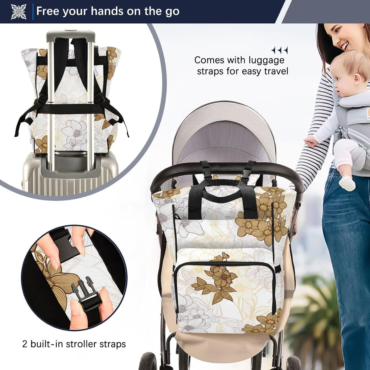 Diaper Bag Backpack, Multifunction Travel Bag for Moms Dads, Baby Changing Bag with Insulted Pockets, Stroller Straps and Side Bottle Pockets Elegant Floral Pattern