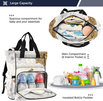 Diaper Bag Backpack, Multifunction Travel Bag for Moms Dads, Baby Changing Bag with Insulted Pockets, Stroller Straps and Side Bottle Pockets Elegant Floral Pattern