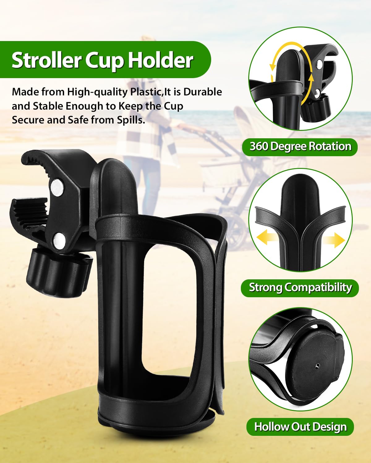 Stroller Cup Holders, Universal Drinks Holder, 2 Pack, Black