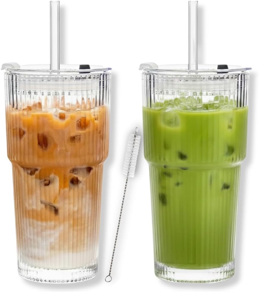 Premium Iced Coffee Cups with Lids and Straws | 20oz Ribbed Glass Cups | Set of 2 | Clear Borosilicate Glass Tumblers | Reusable Iced Tea and Matcha Cup | Dishwasher Safe | for Cold Drinks