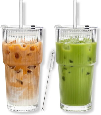 Premium Iced Coffee Cups with Lids and Straws | 20oz Ribbed Glass Cups | Set of 2 | Clear Borosilicate Glass Tumblers | Reusable Iced Tea and Matcha Cup | Dishwasher Safe | for Cold Drinks