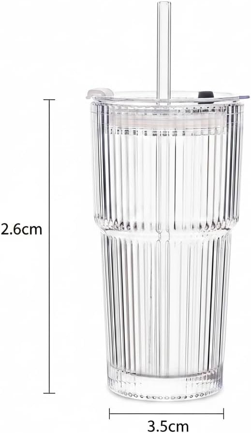 Premium Iced Coffee Cups with Lids and Straws | 20oz Ribbed Glass Cups | Set of 2 | Clear Borosilicate Glass Tumblers | Reusable Iced Tea and Matcha Cup | Dishwasher Safe | for Cold Drinks