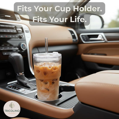 Premium Iced Coffee Cups with Lids and Straws | 20oz Ribbed Glass Cups | Set of 2 | Clear Borosilicate Glass Tumblers | Reusable Iced Tea and Matcha Cup | Dishwasher Safe | for Cold Drinks