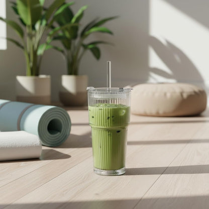 Premium Iced Coffee Cups with Lids and Straws | 20oz Ribbed Glass Cups | Set of 2 | Clear Borosilicate Glass Tumblers | Reusable Iced Tea and Matcha Cup | Dishwasher Safe | for Cold Drinks
