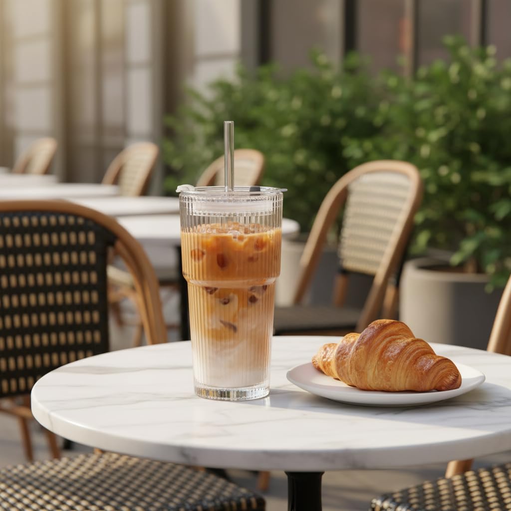 Premium Iced Coffee Cups with Lids and Straws | 20oz Ribbed Glass Cups | Set of 2 | Clear Borosilicate Glass Tumblers | Reusable Iced Tea and Matcha Cup | Dishwasher Safe | for Cold Drinks
