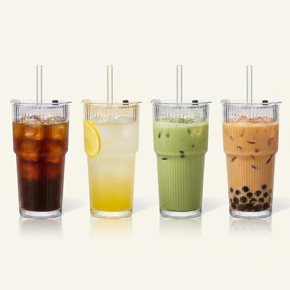Premium Iced Coffee Cups with Lids and Straws | 20oz Ribbed Glass Cups | Set of 2 | Clear Borosilicate Glass Tumblers | Reusable Iced Tea and Matcha Cup | Dishwasher Safe | for Cold Drinks