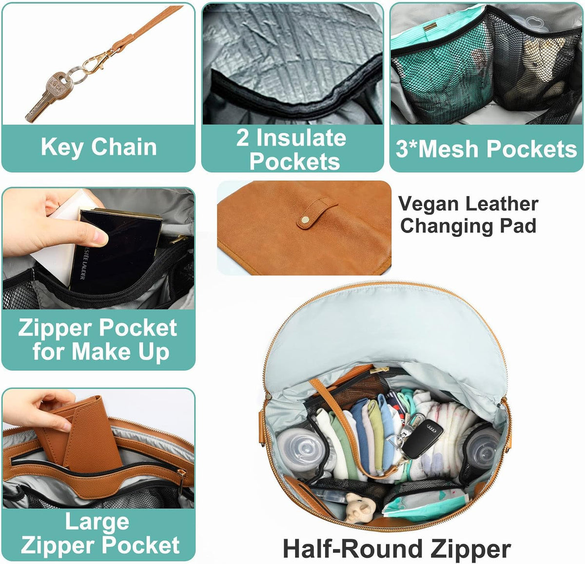 Diaper bag, Leather Diaper Bag Backpack by MF Store, Diaper Backpack with Laptop Sleeve,Changing Pad,Wipes Pouch,Stroller Straps and Insulated Pockets