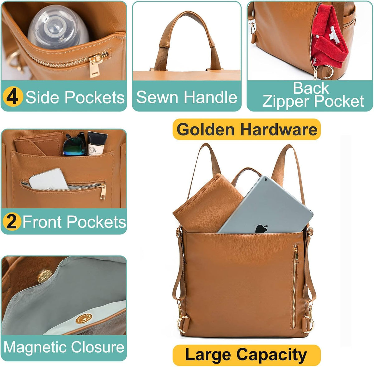 Diaper bag, Leather Diaper Bag Backpack by MF Store, Diaper Backpack with Laptop Sleeve,Changing Pad,Wipes Pouch,Stroller Straps and Insulated Pockets