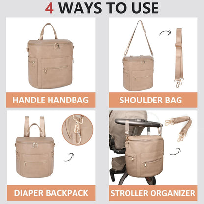 Diaper bag, Leather Diaper Bag Backpack by MF Store, Diaper Backpack with Laptop Sleeve,Changing Pad,Wipes Pouch,Stroller Straps and Insulated Pockets