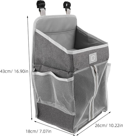 Large Bedside Storage Bag, Hanging Organizer for Diapers and Essentials, Portable Nursery Hanging Organizer with Multiple Pockets, Grey Fabric for Crib and Changing Table