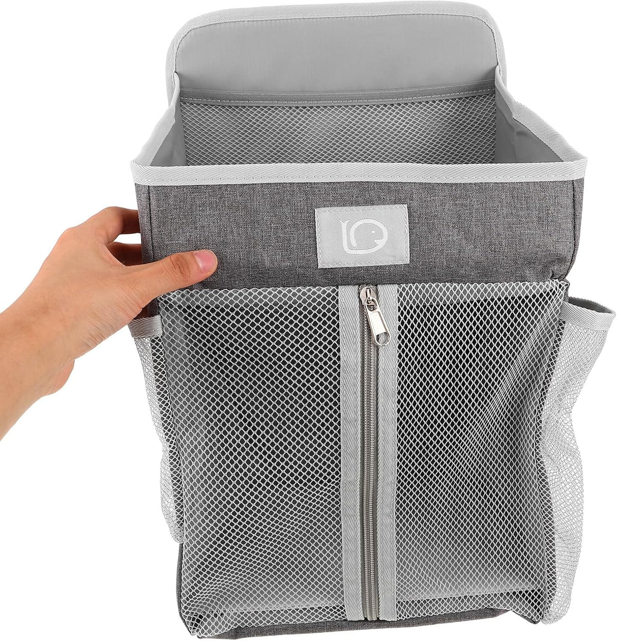 Large Bedside Storage Bag, Hanging Organizer for Diapers and Essentials, Portable Nursery Hanging Organizer with Multiple Pockets, Grey Fabric for Crib and Changing Table