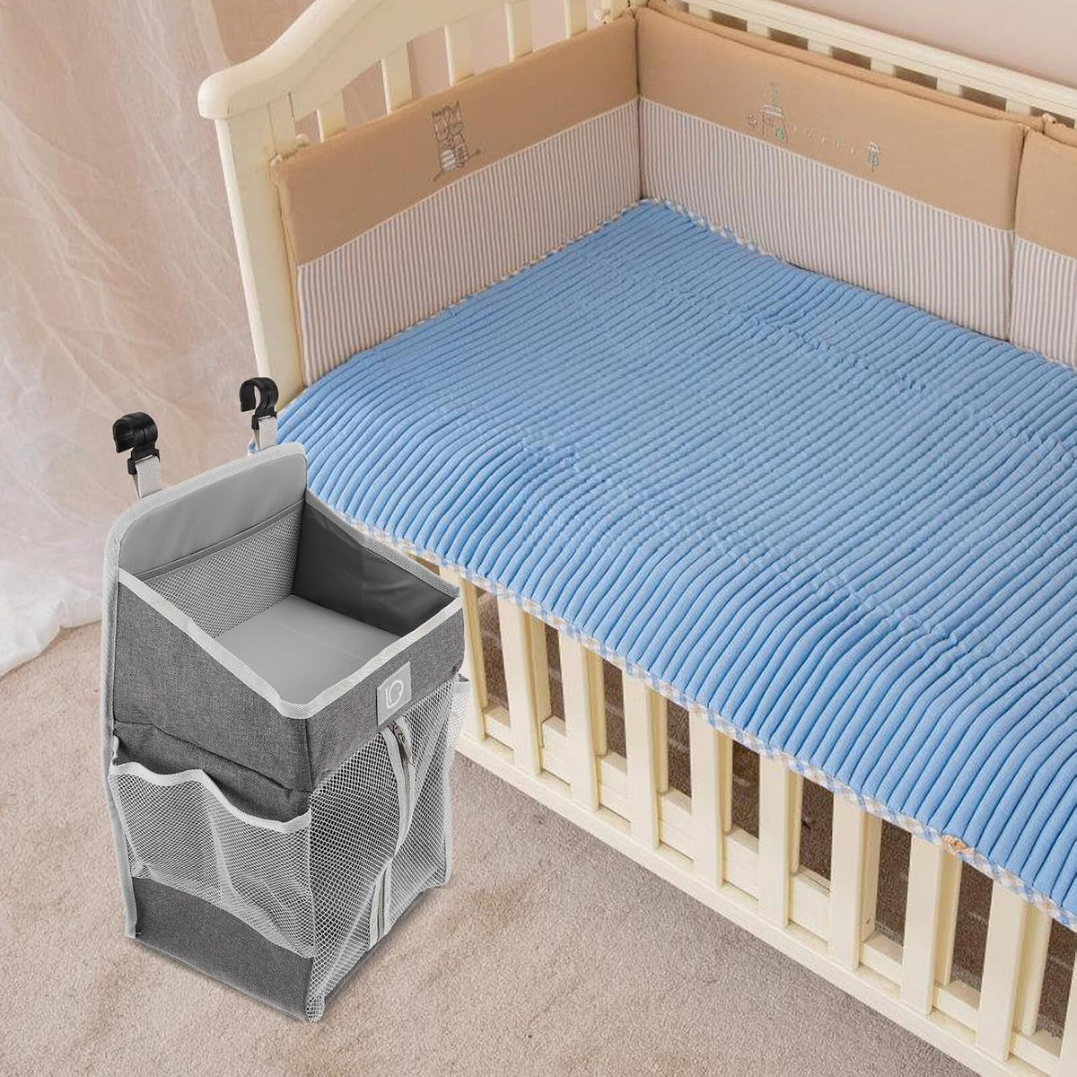 Large Bedside Storage Bag, Hanging Organizer for Diapers and Essentials, Portable Nursery Hanging Organizer with Multiple Pockets, Grey Fabric for Crib and Changing Table