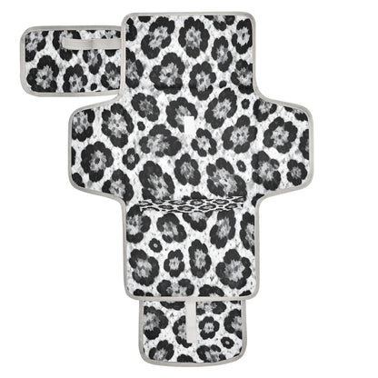 Gray Leopard Pattern Portable Diaper Changing Pad, Waterproof Baby Changing Mat with Storage Pocket & Built-in Pillow, Foldable Travel Pad, Newborn Gift Set for Boy Girl