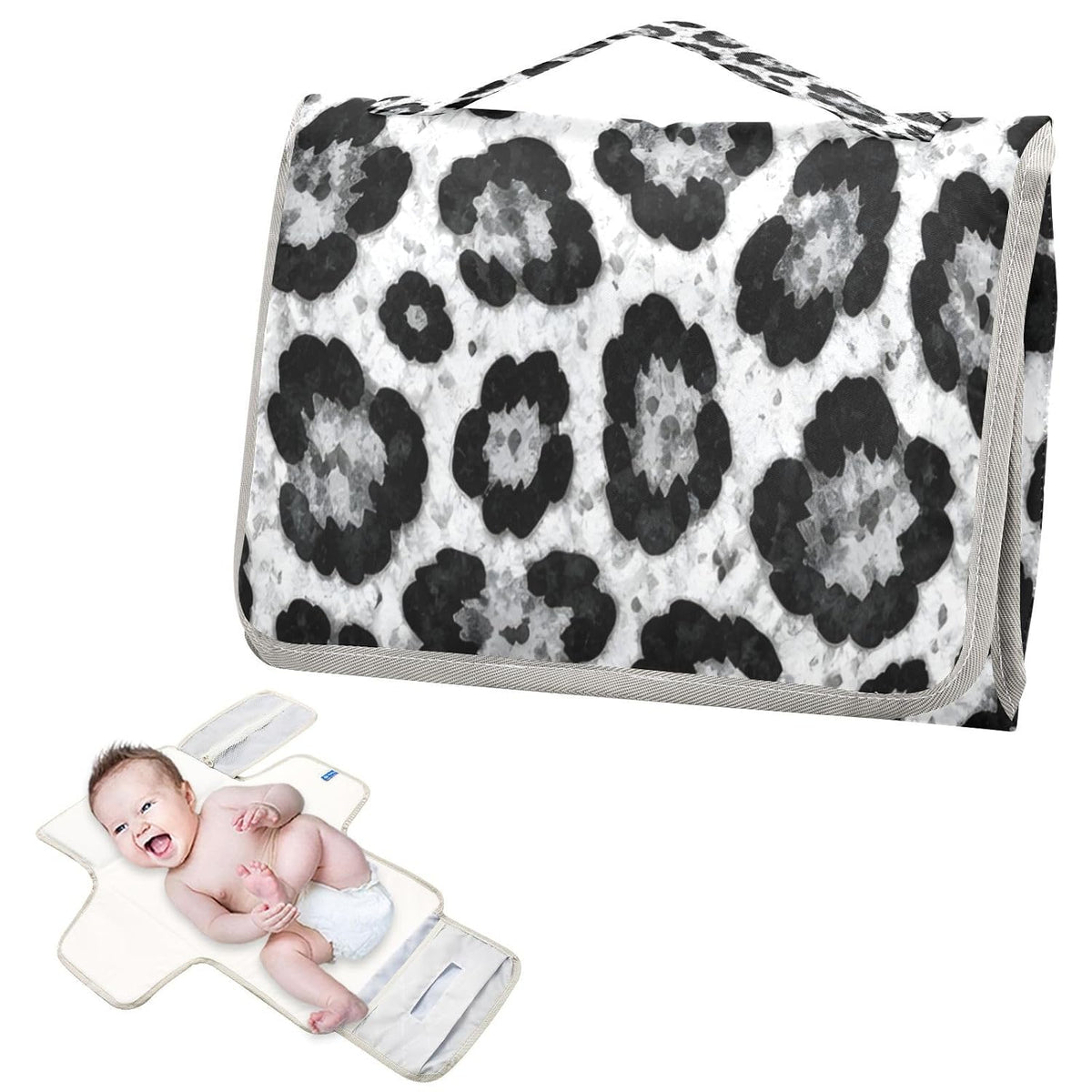 Gray Leopard Pattern Portable Diaper Changing Pad, Waterproof Baby Changing Mat with Storage Pocket & Built-in Pillow, Foldable Travel Pad, Newborn Gift Set for Boy Girl