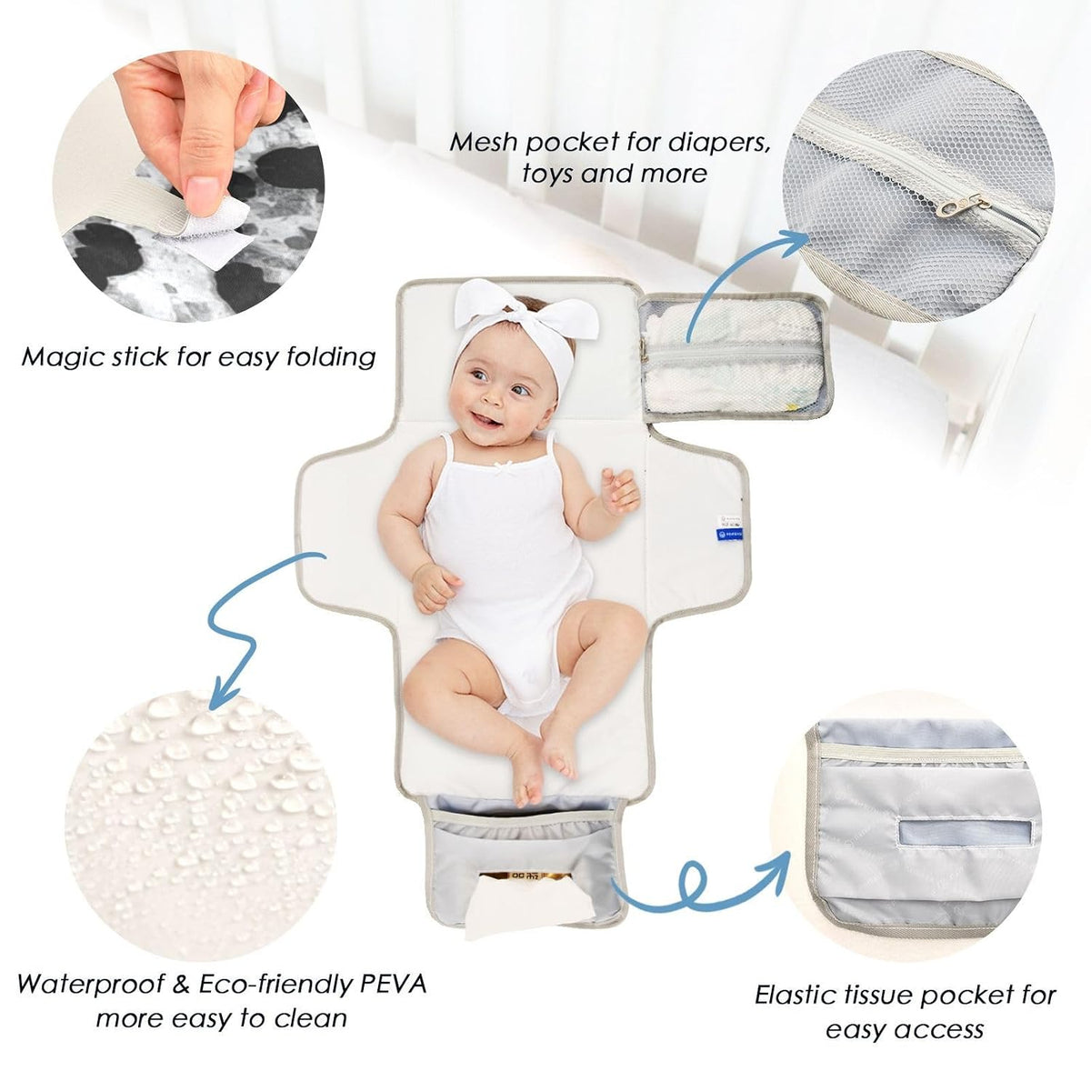 Gray Leopard Pattern Portable Diaper Changing Pad, Waterproof Baby Changing Mat with Storage Pocket & Built-in Pillow, Foldable Travel Pad, Newborn Gift Set for Boy Girl