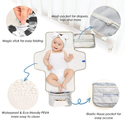 Gray Leopard Pattern Portable Diaper Changing Pad, Waterproof Baby Changing Mat with Storage Pocket & Built-in Pillow, Foldable Travel Pad, Newborn Gift Set for Boy Girl