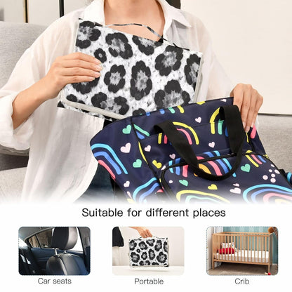 Gray Leopard Pattern Portable Diaper Changing Pad, Waterproof Baby Changing Mat with Storage Pocket & Built-in Pillow, Foldable Travel Pad, Newborn Gift Set for Boy Girl