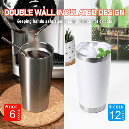 20oz Stainless Steel Tumbler Bulk Double Wall Vacuum Coffee Cup Insulated Travel Mug with Lid and Straw Durable Powder Coated Insulated Coffee Cup for Cold & Hot Drinks (silver, 4 pack