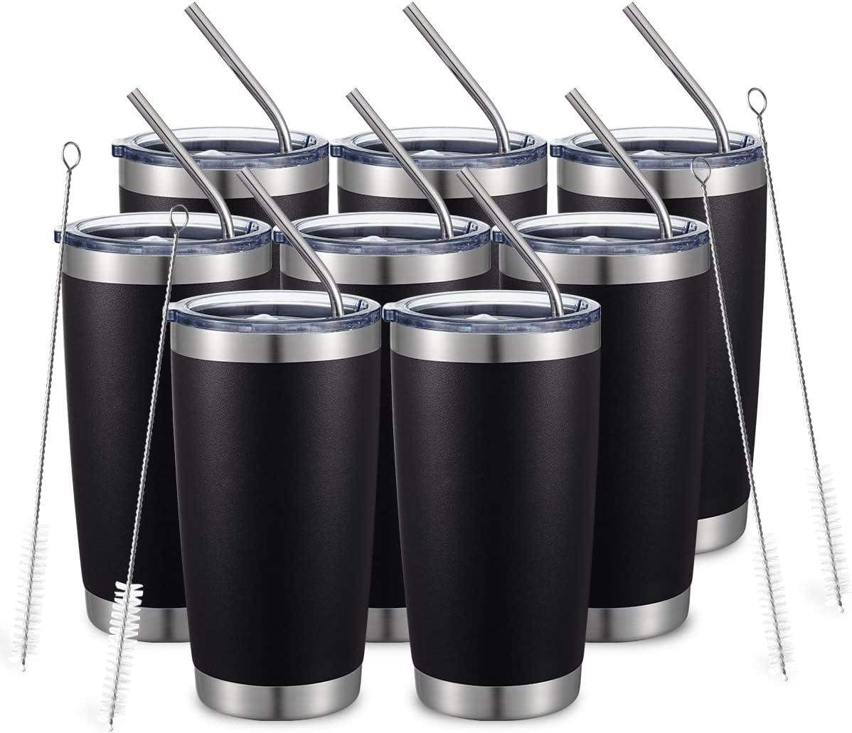 20oz Stainless Steel Tumbler Bulk Double Wall Vacuum Coffee Cup Insulated Travel Mug with Lid and Straw Durable Powder Coated Insulated Coffee Cup for Cold & Hot Drinks (silver, 4 pack