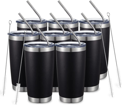 20oz Stainless Steel Tumbler Bulk Double Wall Vacuum Coffee Cup Insulated Travel Mug with Lid and Straw Durable Powder Coated Insulated Coffee Cup for Cold & Hot Drinks (silver, 4 pack