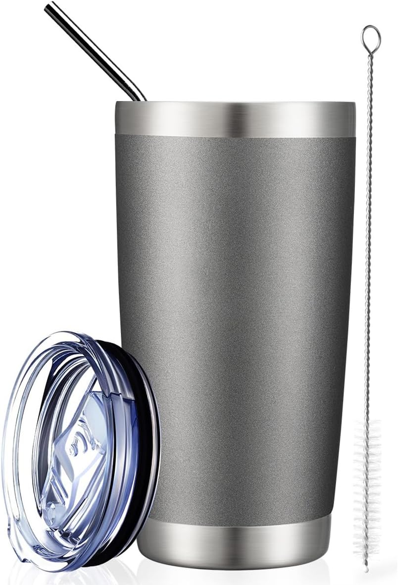 20oz Stainless Steel Tumbler Bulk Double Wall Vacuum Coffee Cup Insulated Travel Mug with Lid and Straw Durable Powder Coated Insulated Coffee Cup for Cold & Hot Drinks (silver, 4 pack