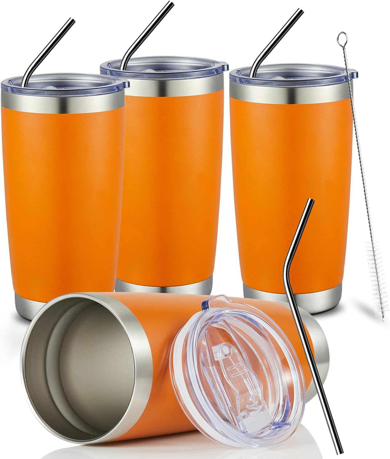 20oz Stainless Steel Tumbler Bulk Double Wall Vacuum Coffee Cup Insulated Travel Mug with Lid and Straw Durable Powder Coated Insulated Coffee Cup for Cold & Hot Drinks (silver, 4 pack