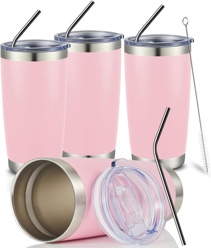 20oz Stainless Steel Tumbler Bulk Double Wall Vacuum Coffee Cup Insulated Travel Mug with Lid and Straw Durable Powder Coated Insulated Coffee Cup for Cold & Hot Drinks (silver, 4 pack