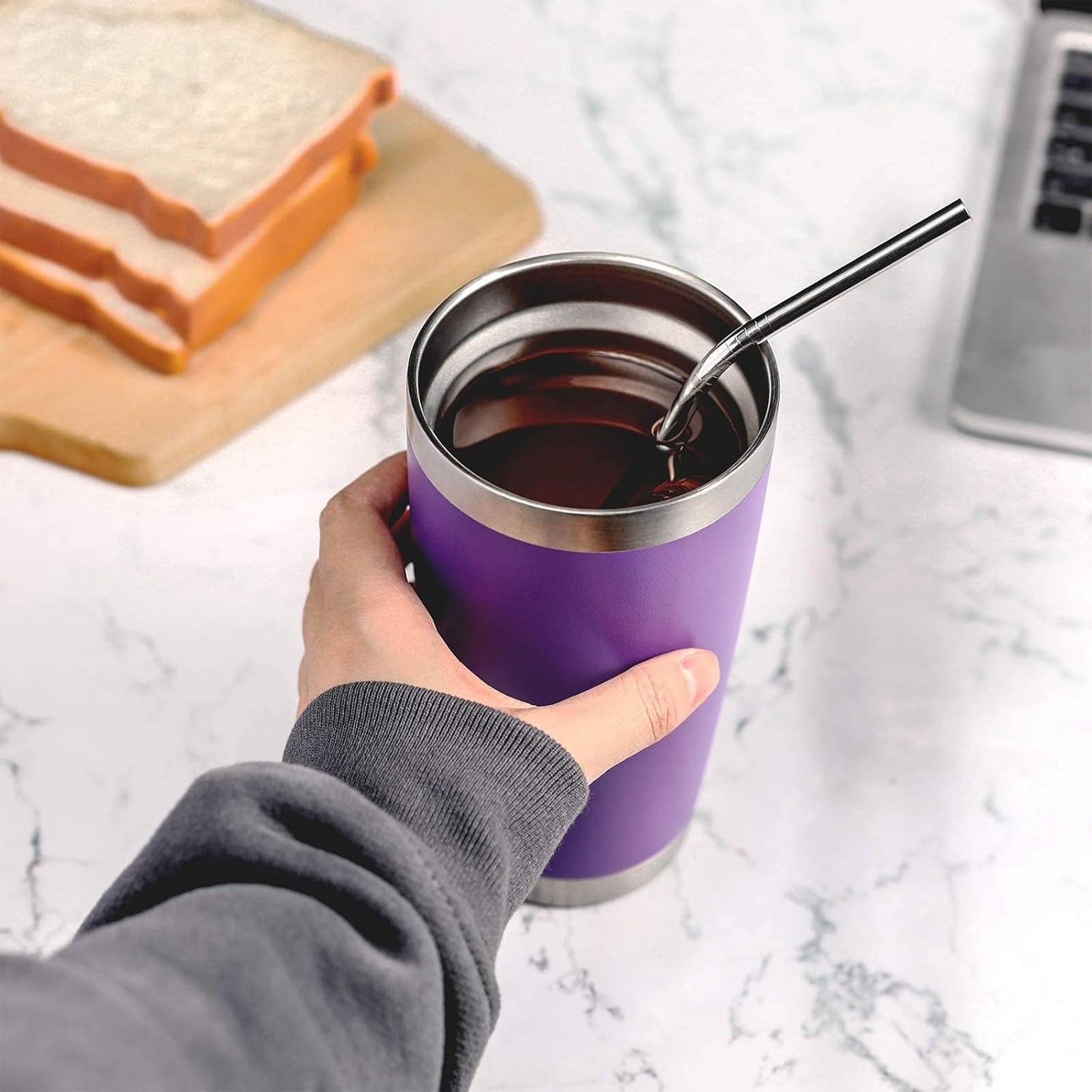20oz Stainless Steel Tumbler Bulk Double Wall Vacuum Coffee Cup Insulated Travel Mug with Lid and Straw Durable Powder Coated Insulated Coffee Cup for Cold & Hot Drinks (silver, 4 pack