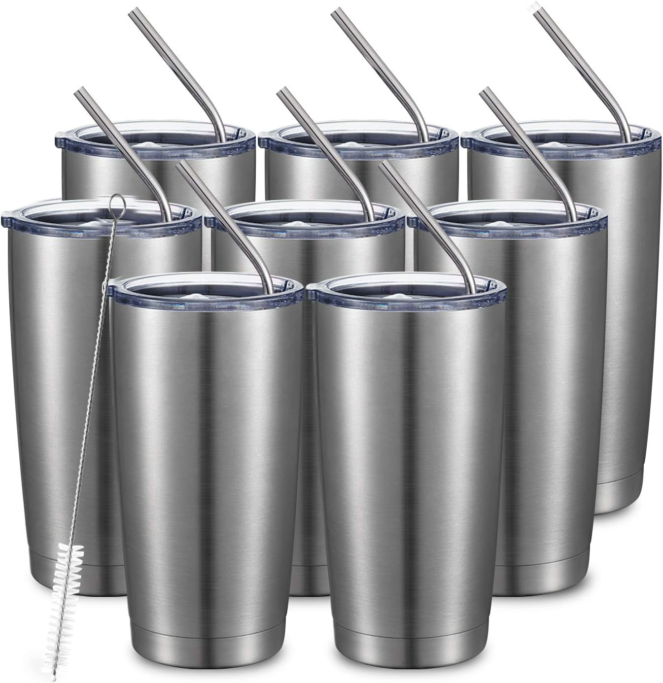 20oz Stainless Steel Tumbler Bulk Double Wall Vacuum Coffee Cup Insulated Travel Mug with Lid and Straw Durable Powder Coated Insulated Coffee Cup for Cold & Hot Drinks (silver, 4 pack